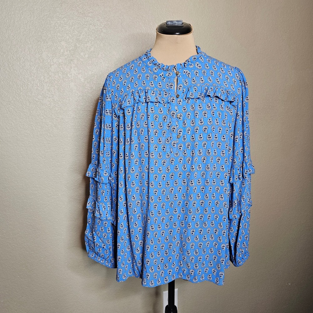 LOFT Blue Paisley Ruffle Tiered long Sleeve Rayon Blouse Womens Medium